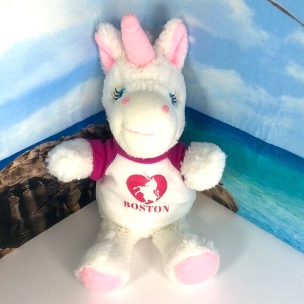 Lil' Zoovenir White Unicorn with Boston T-Shirt Washable Plush Beanie To…